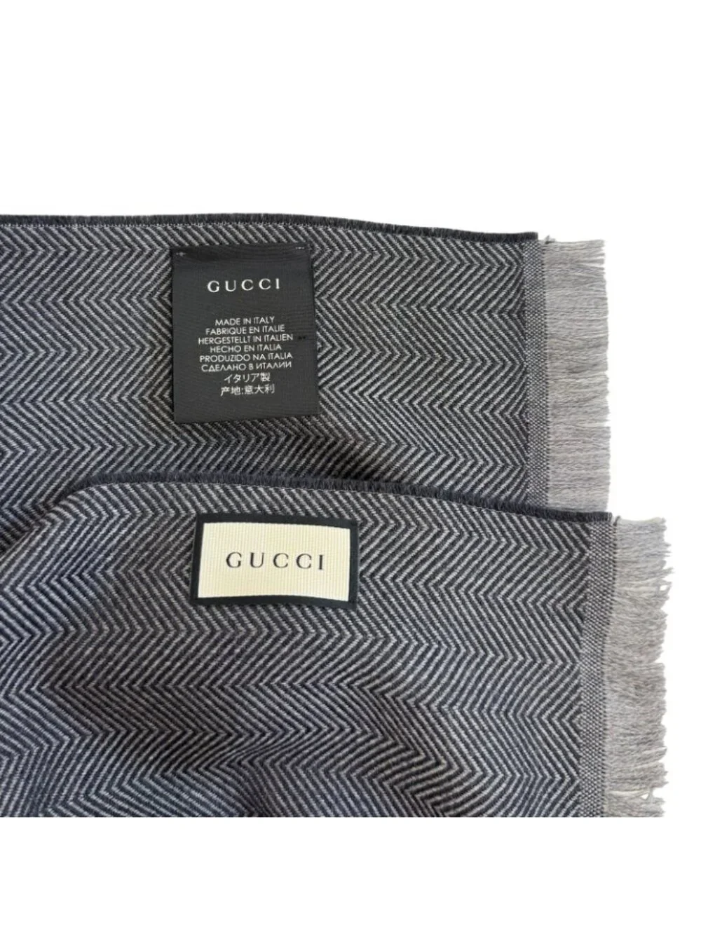 Gucci Fringe Herringbone Wool Scarf Shawl Gray Simple